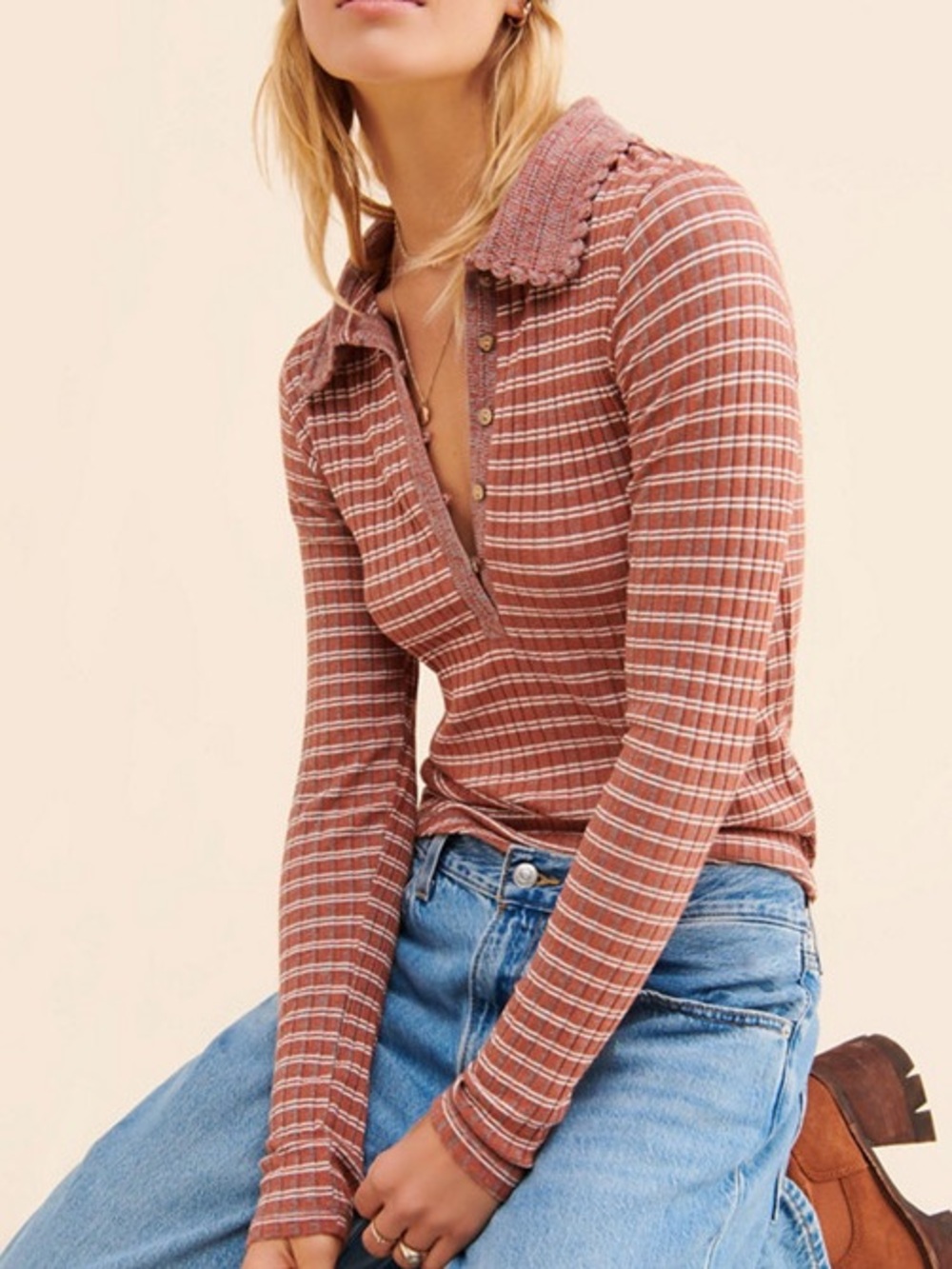 Free People Delilah Ribbed Henley Top Crochet Collar Boho Fitted Size Large